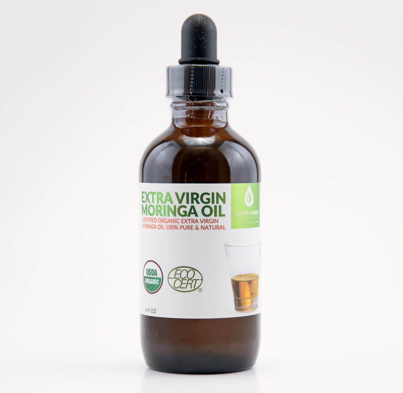 Moringa Oil, 100% Pure, in a 4 Ounce Glass Bottle With Dropper